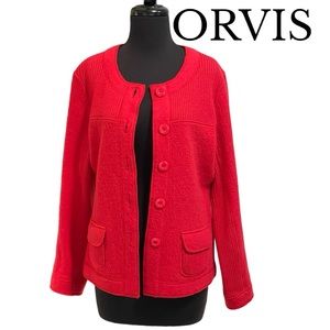 Orvis Red Wool Jacket Blazer Sz L Ribbed Knit Sweater Detail Pockets Buttons